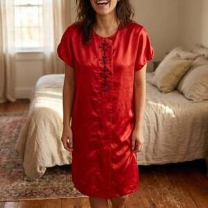 Vintage Val Mode Lingerie Red Satin Nightgown House Dress Embroidered Womens M